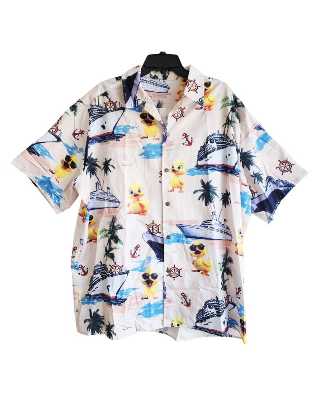 Mens Cruise-Themed Hawaiian Shirt  Ducks Palm Trees Ships Print  Sleeves  2XL